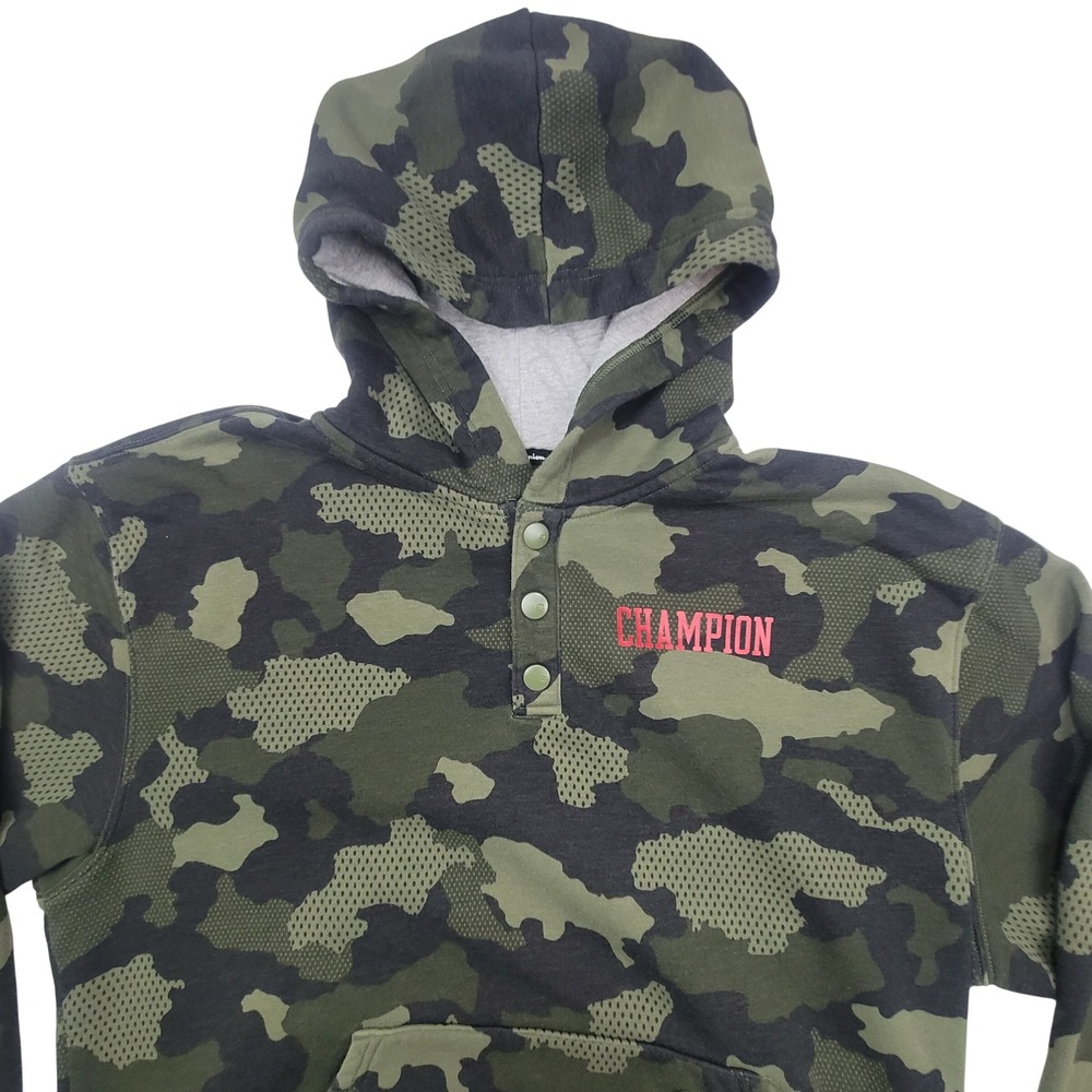 Champion Mens Green‎ Camo Henley Hoodie Fleece Pullover Large Zip Pocket